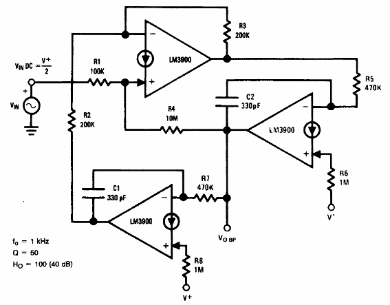 Filtro de paso de banda bi-cuádruple de 1 kHz con LM3900
Filtro de paso de banda bi-cuádruple de 1 kHz con LM3900