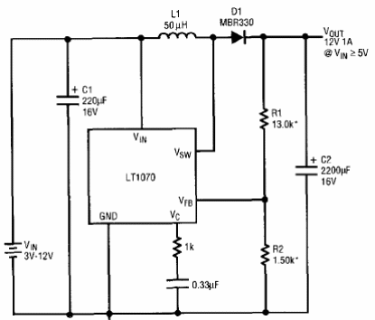 Regulador conmutado de 12 V x 1 A LT1070
Regulador conmutado de 12 V x 1 A LT1070