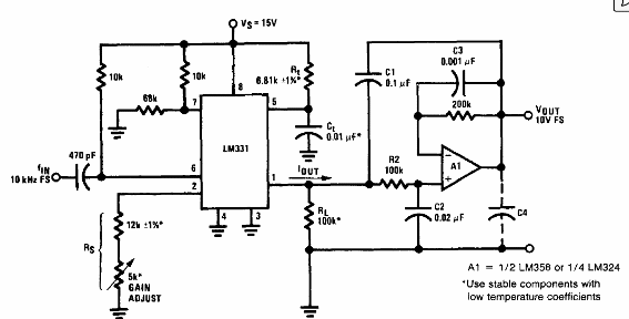 Convertidor de frecuencia a tensión con búfer de salida LM331
Convertidor de frecuencia a tensión con búfer de salida LM331