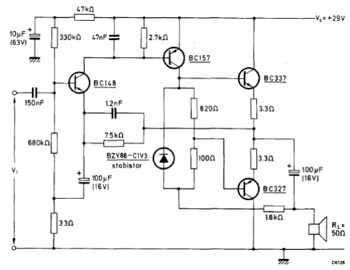 Amplificador de 2,2 W con BC337 y BC327
Amplificador de 2,2 W con BC337 y BC327