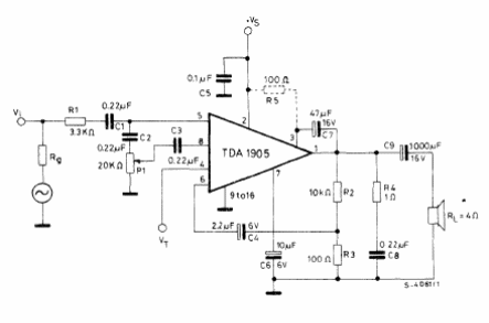 Amplificador de 5 W con muting TDA1905
Amplificador de 5 W con muting TDA1905