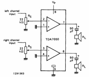 Amplificador estéreo de baja potencia TDA7050
Amplificador estéreo de baja potencia TDA7050