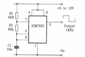 Oscilador de 1 kHz con el 555
Oscilador de 1 kHz con el 555