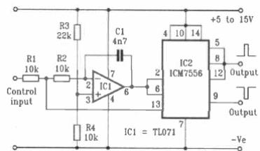 Oscilador controlado por tensión con el ICM7556
Oscilador controlado por tensión con el ICM7556