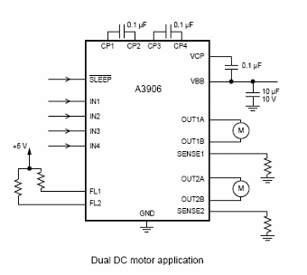 Figura 1 - Circuito de control para dos motores de corriente continua con corriente hasta 1 A.
Figura 1 - Circuito de control para dos motores de corriente continua con corriente hasta 1 A.