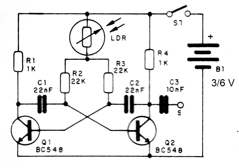 Figura 1- Diagrama del multivibrador controlado por luz
Figura 1- Diagrama del multivibrador controlado por luz