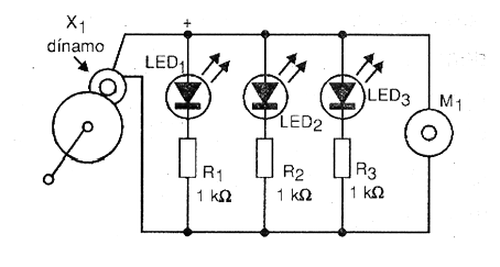 Figura 1 - Diagrama del experimento para accionamiento de 3 LED y un motor (M1)
Figura 1 - Diagrama del experimento para accionamiento de 3 LED y un motor (M1)