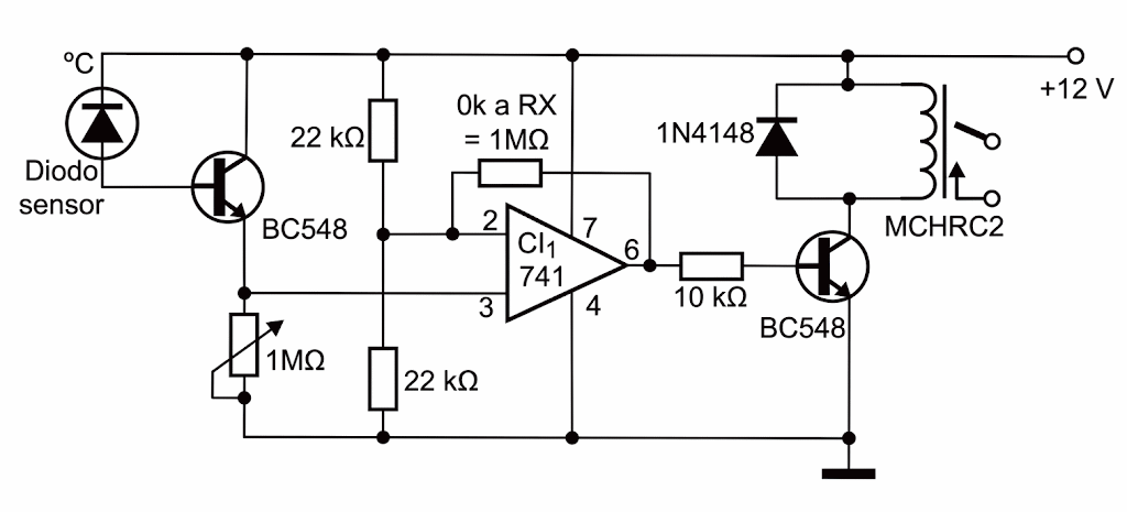 Fig. 6. Circuito de activamiento con amplificador operativo se conecta con el aumento de la temperatura. Fig. 6. Circuito de activamiento con amplificador operativo se conecta con el aumento de la temperatura.